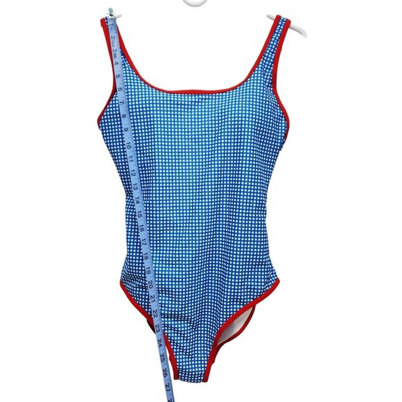 Blue & White Gingham One-Piece Swimsuit With Red Trim Size L - Picture 4 of 9